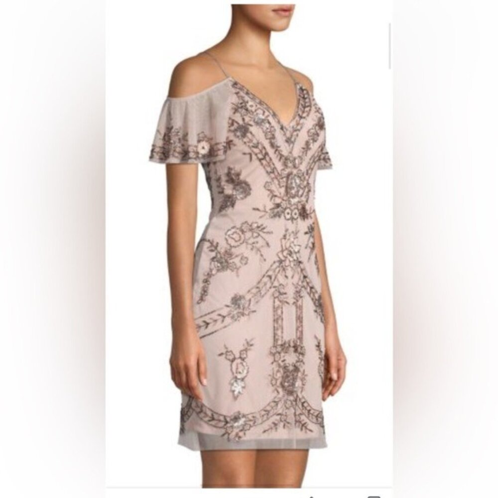 Aidan Mattox Women’s Beaded Floral Embellished Mini Dress cold shoulder cocktail - Picture 2 of 6